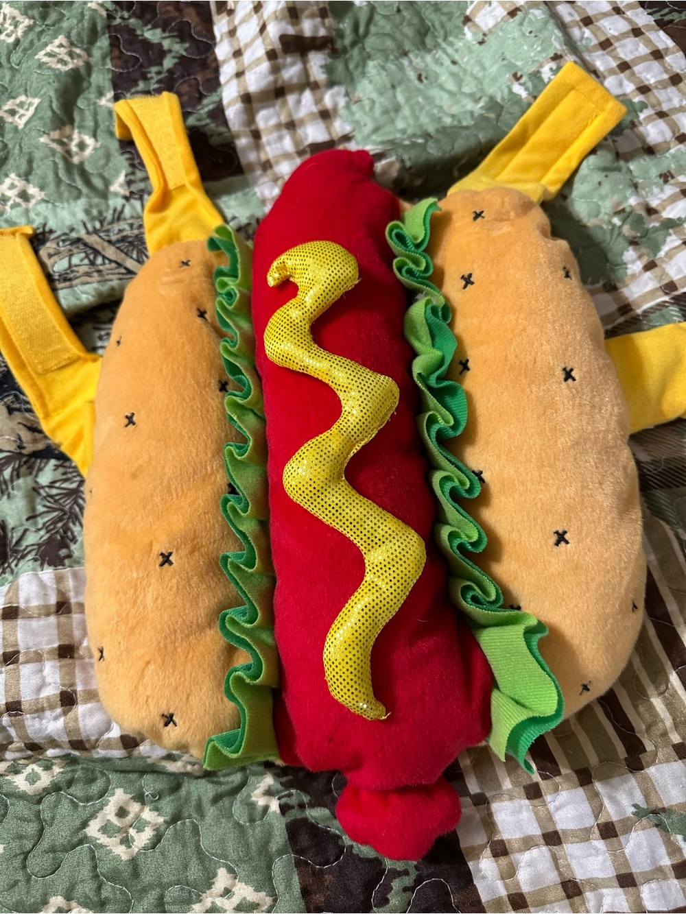Thrills Plush Hot Dog Dog costume in Red, Yellow, Green, Tan